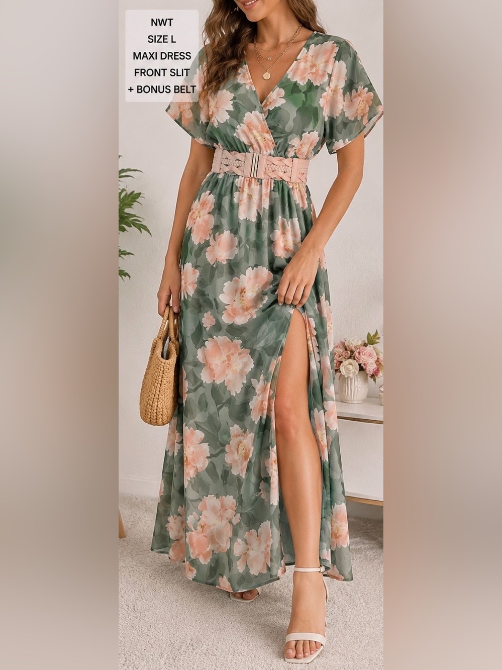 Floral V-Neck Green Maxi Dress with Pink Belt L